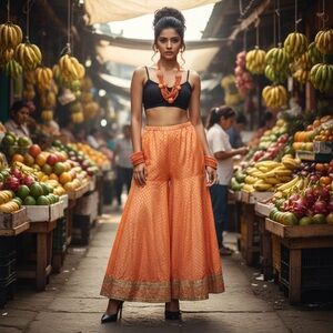 Orange Indian palazzo hippy batik bohemian wide leg pants festival, boho